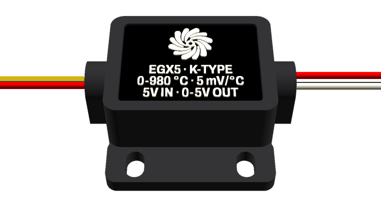 EGX5: black potted module with a Rosina Labs label cap. Thermocouple leads leave one end, output leads the other.