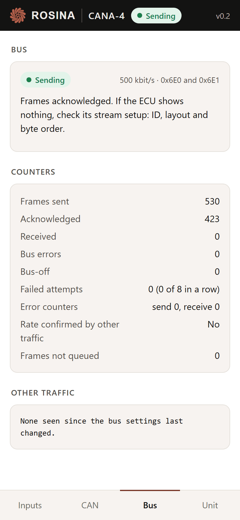 The Bus tab: the bus state, the counters and what to check.