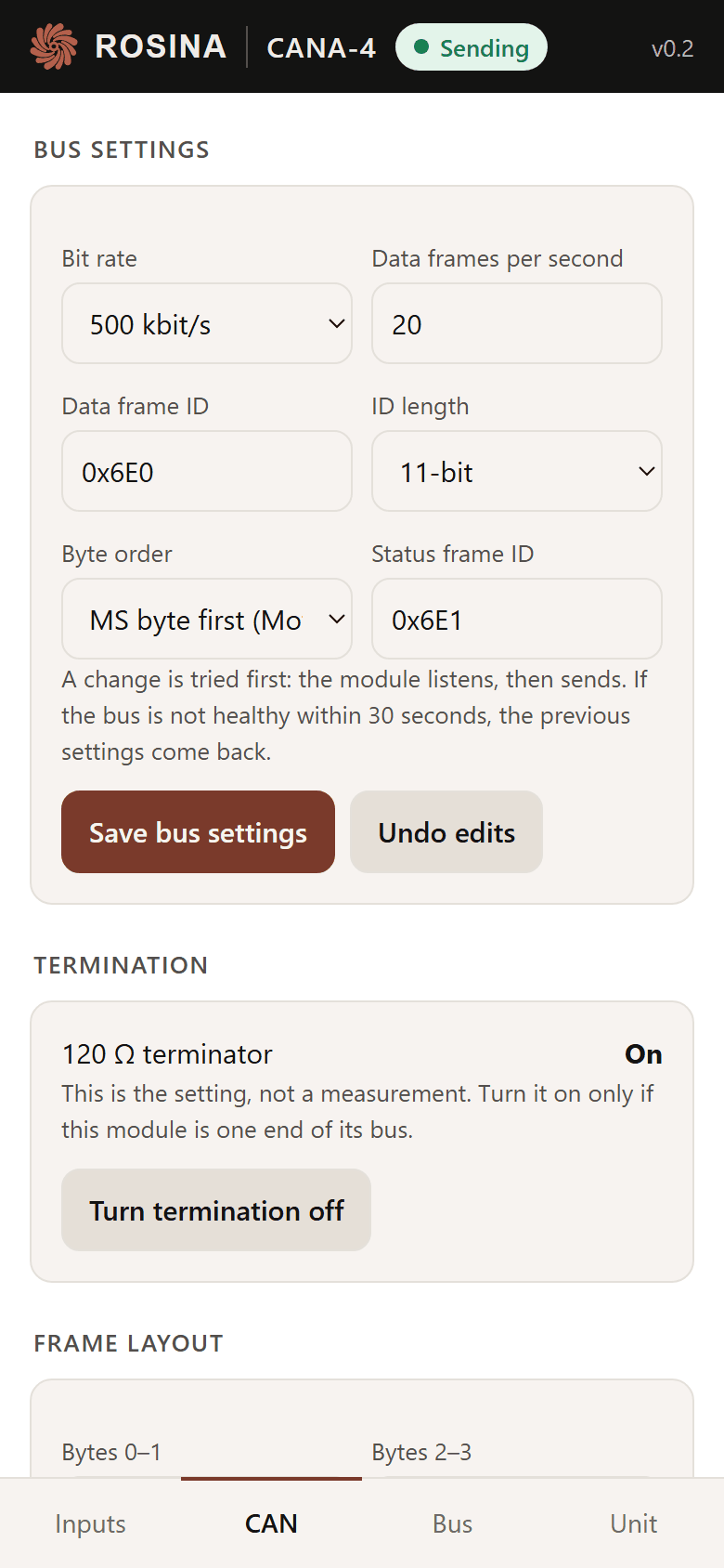 The CAN tab of the setup page.