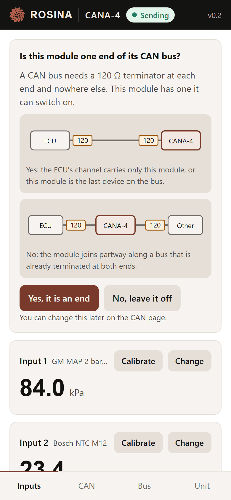The setup page's first screen: the question whether this module is one end of its CAN bus, with a diagram for each answer.