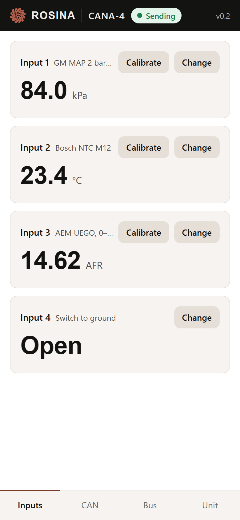 The Inputs tab: four inputs, each with its sensor and its live reading.