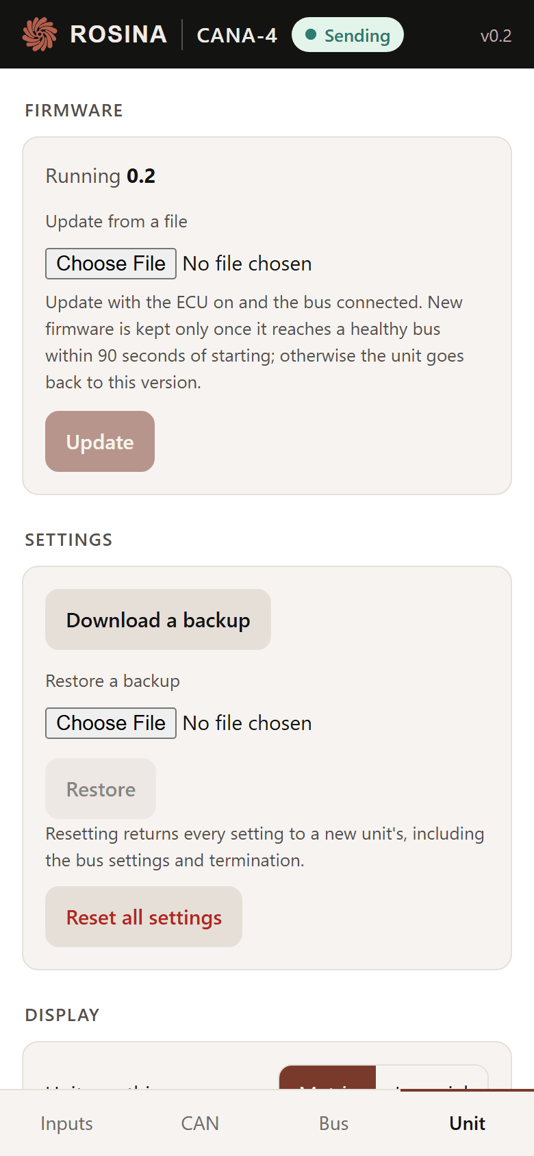 The Unit tab: firmware update, settings backup, units and the measured 5 V rail.